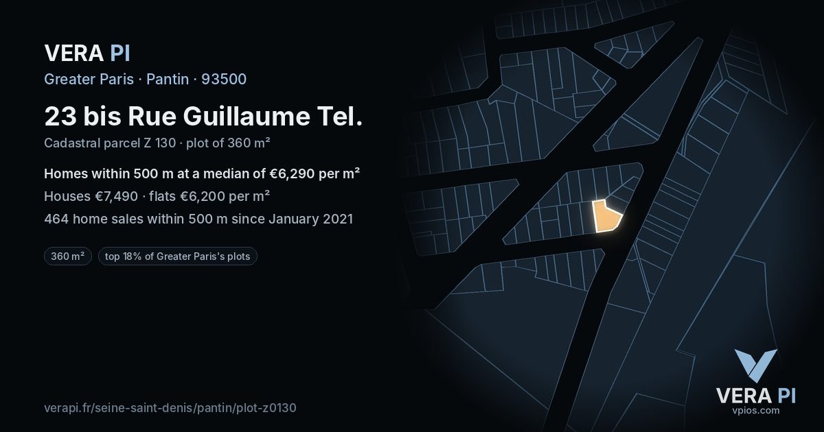 23 bis Rue Guillaume Tel, Pantin at night – the plot lit, the parcels around coloured by the prices near them