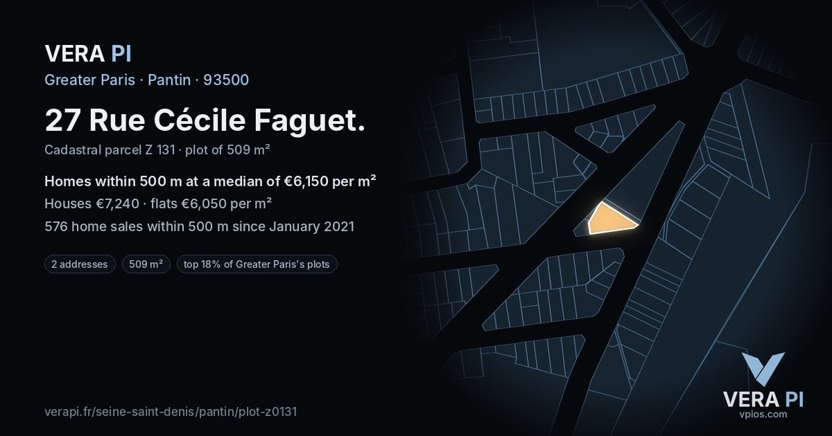 27 Rue Cécile Faguet, Pantin at night – the plot lit, the parcels around coloured by the prices near them