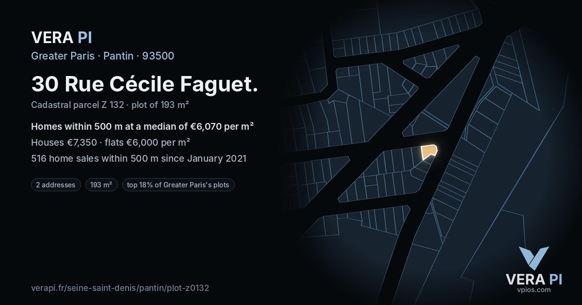 30 Rue Cécile Faguet, Pantin at night – the plot lit, the parcels around coloured by the prices near them
