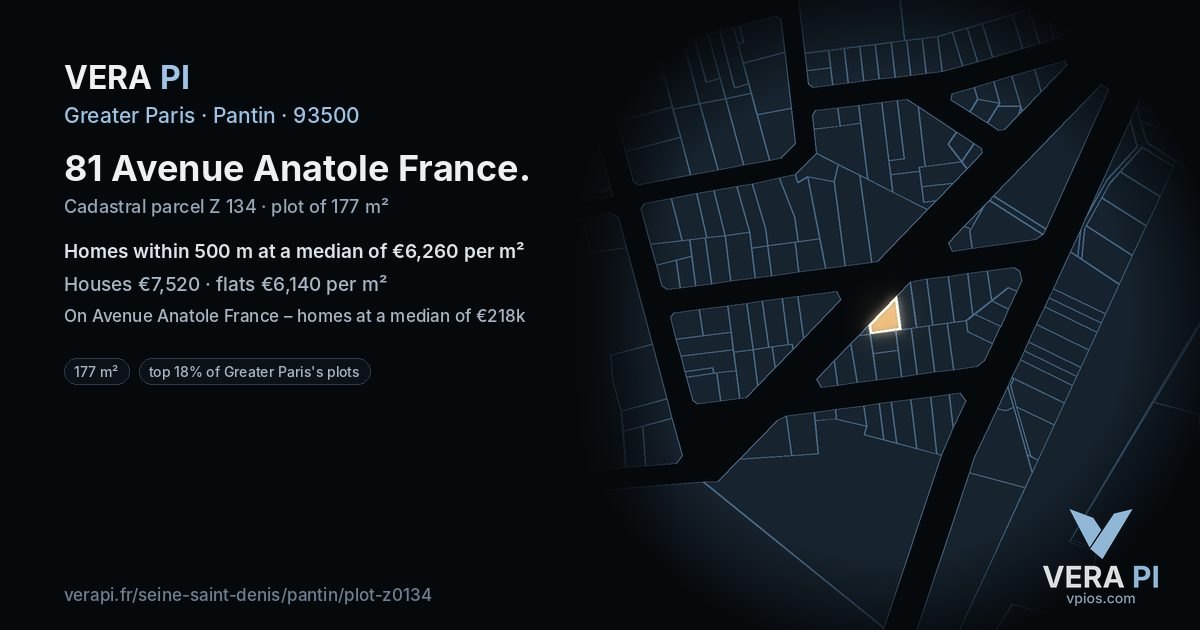 81 Avenue Anatole France, Pantin at night – the plot lit, the parcels around coloured by the prices near them
