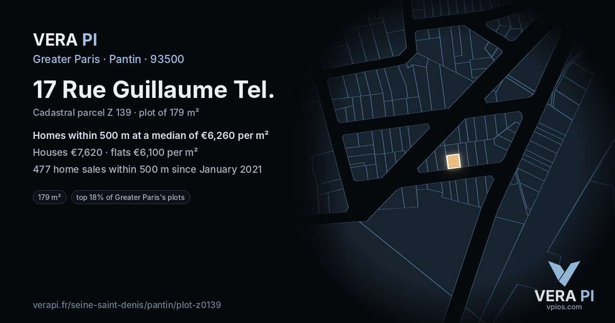 17 Rue Guillaume Tel, Pantin at night – the plot lit, the parcels around coloured by the prices near them