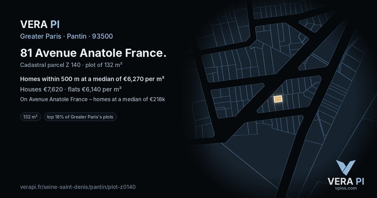 81 Avenue Anatole France, Pantin at night – the plot lit, the parcels around coloured by the prices near them