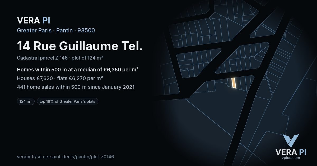 14 Rue Guillaume Tel, Pantin at night – the plot lit, the parcels around coloured by the prices near them