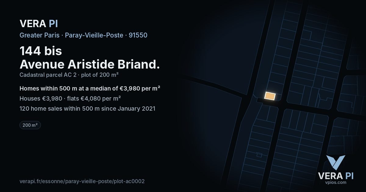 144 bis Avenue Aristide Briand, Paray-Vieille-Poste at night – the plot lit, the parcels around coloured by the prices near them