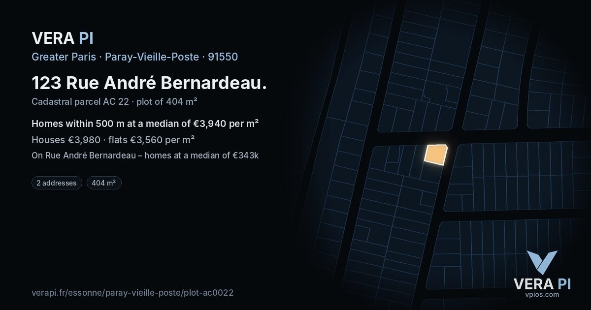 123 Rue André Bernardeau, Paray-Vieille-Poste at night – the plot lit, the parcels around coloured by the prices near them