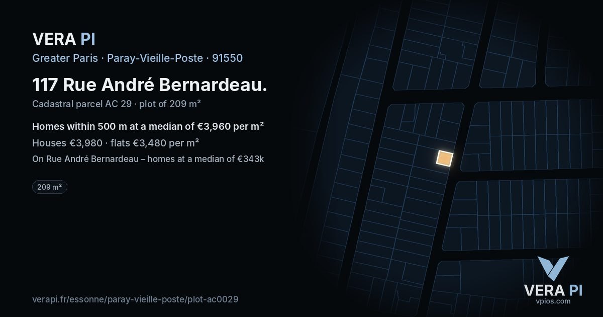 117 Rue André Bernardeau, Paray-Vieille-Poste at night – the plot lit, the parcels around coloured by the prices near them
