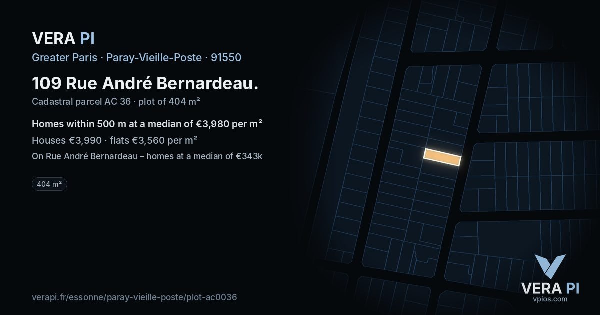 109 Rue André Bernardeau, Paray-Vieille-Poste at night – the plot lit, the parcels around coloured by the prices near them