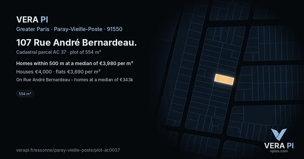 107 Rue André Bernardeau, Paray-Vieille-Poste at night – the plot lit, the parcels around coloured by the prices near them