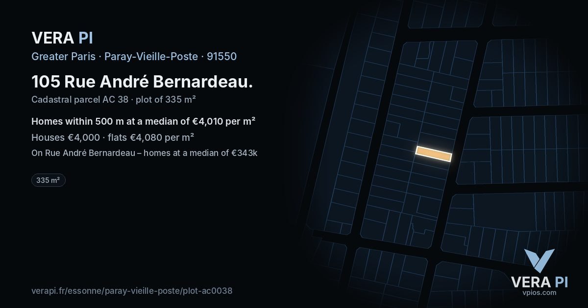 105 Rue André Bernardeau, Paray-Vieille-Poste at night – the plot lit, the parcels around coloured by the prices near them