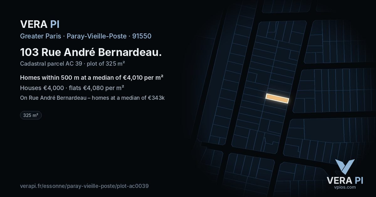 103 Rue André Bernardeau, Paray-Vieille-Poste at night – the plot lit, the parcels around coloured by the prices near them