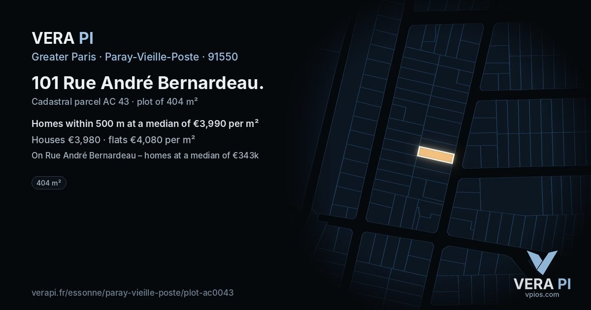 101 Rue André Bernardeau, Paray-Vieille-Poste at night – the plot lit, the parcels around coloured by the prices near them