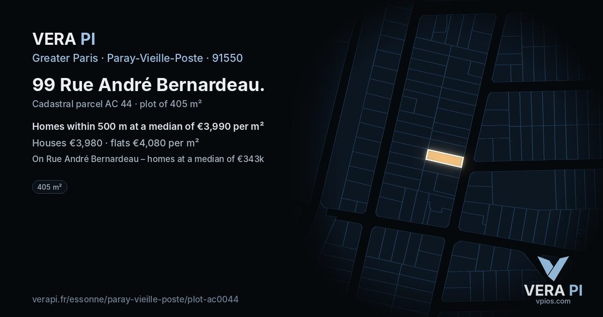 99 Rue André Bernardeau, Paray-Vieille-Poste at night – the plot lit, the parcels around coloured by the prices near them