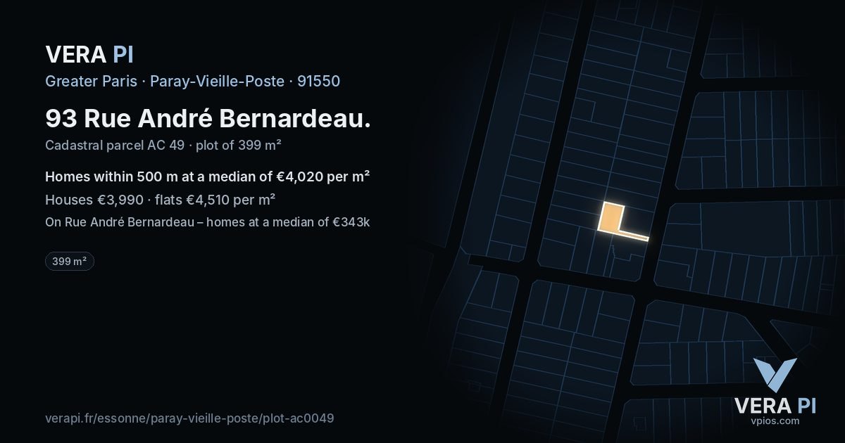 93 Rue André Bernardeau, Paray-Vieille-Poste at night – the plot lit, the parcels around coloured by the prices near them