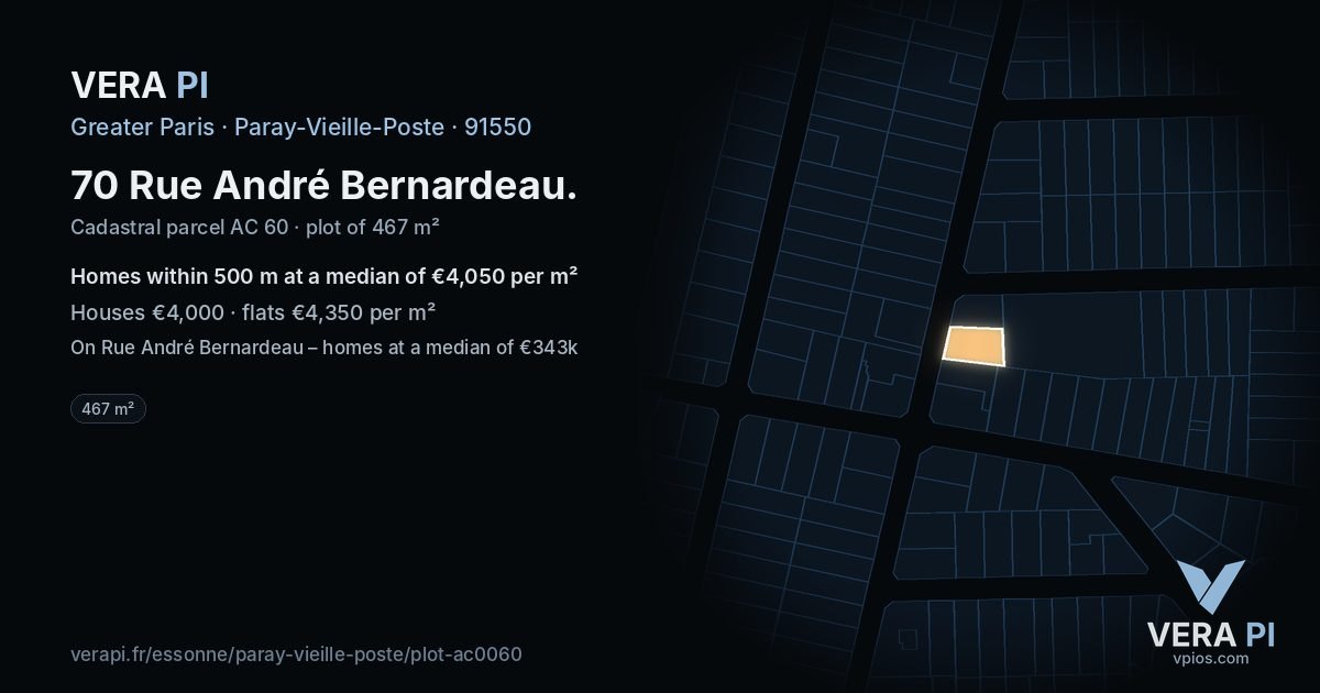 70 Rue André Bernardeau, Paray-Vieille-Poste at night – the plot lit, the parcels around coloured by the prices near them