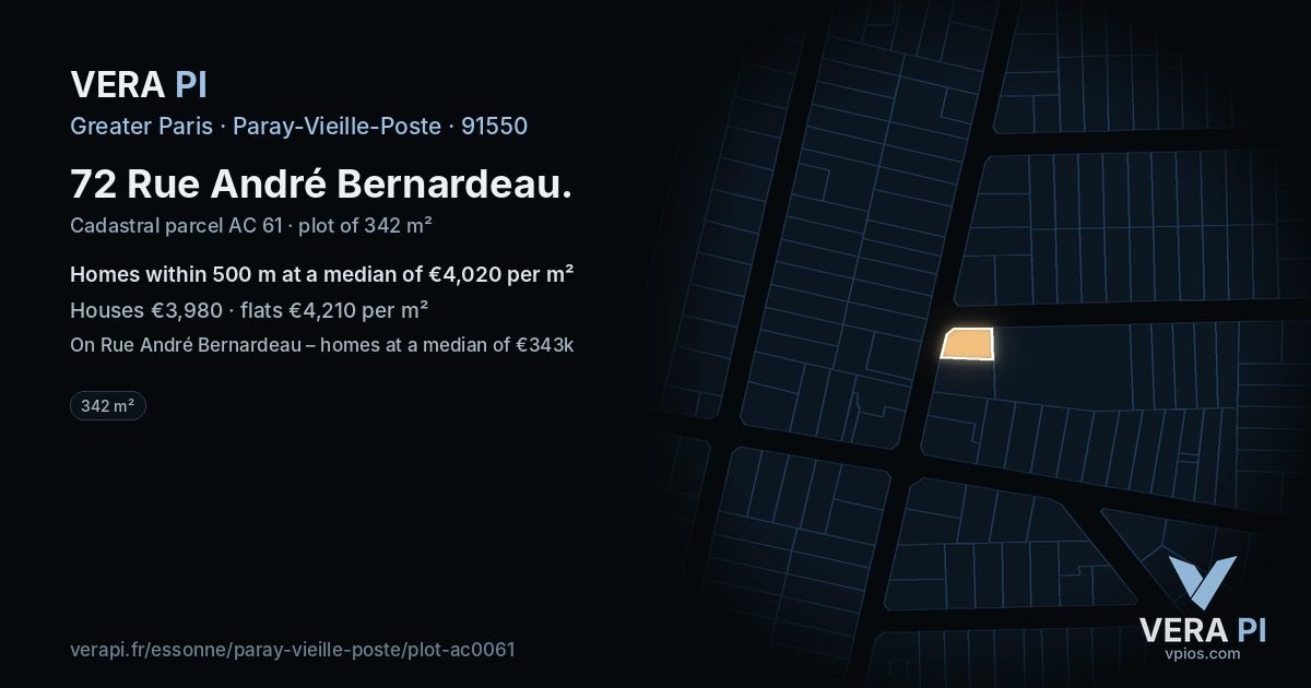 72 Rue André Bernardeau, Paray-Vieille-Poste at night – the plot lit, the parcels around coloured by the prices near them