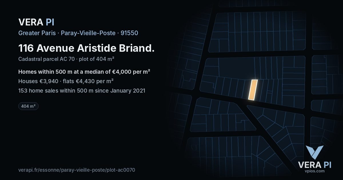 116 Avenue Aristide Briand, Paray-Vieille-Poste at night – the plot lit, the parcels around coloured by the prices near them
