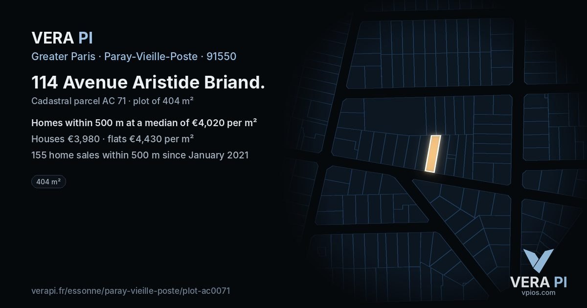 114 Avenue Aristide Briand, Paray-Vieille-Poste at night – the plot lit, the parcels around coloured by the prices near them