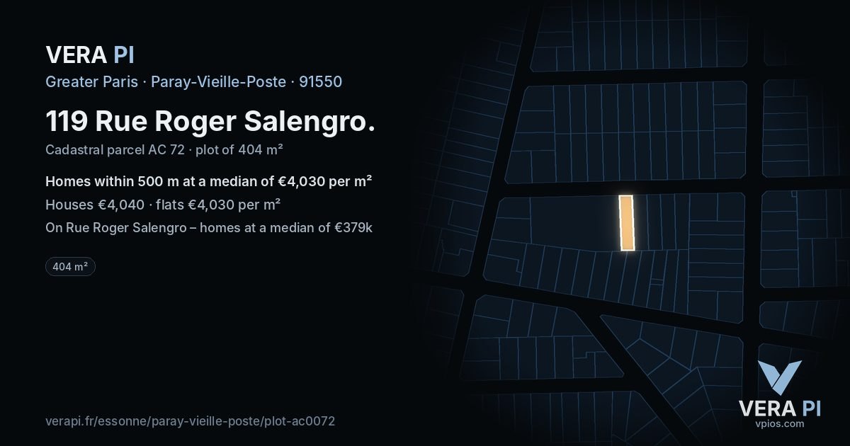 119 Rue Roger Salengro, Paray-Vieille-Poste at night – the plot lit, the parcels around coloured by the prices near them