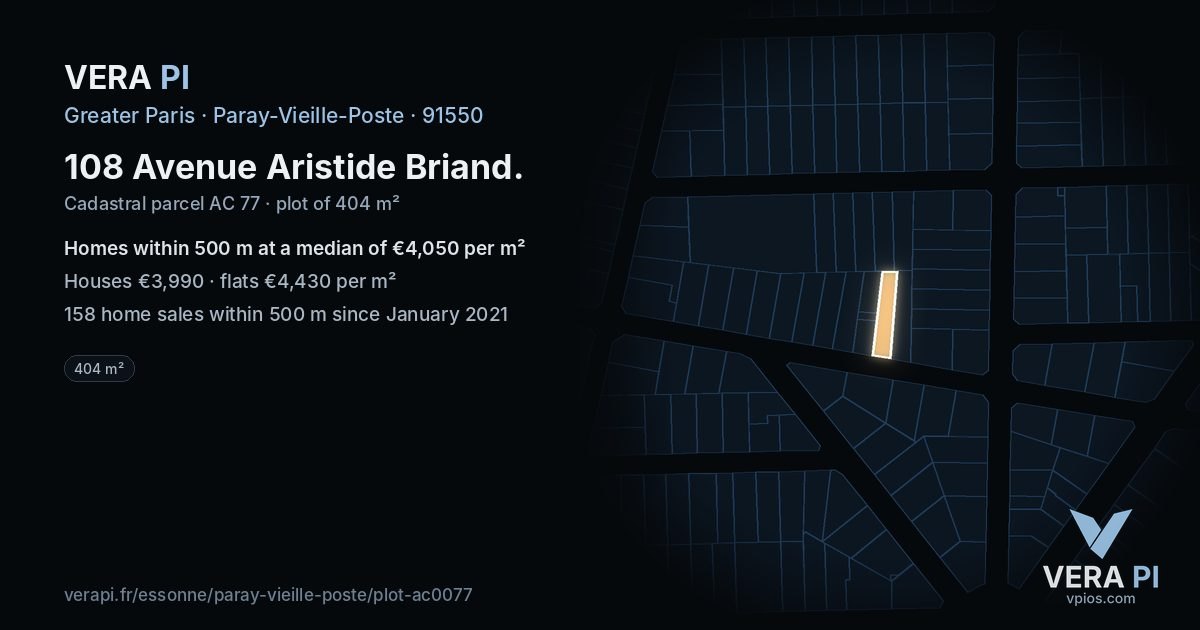 108 Avenue Aristide Briand, Paray-Vieille-Poste at night – the plot lit, the parcels around coloured by the prices near them