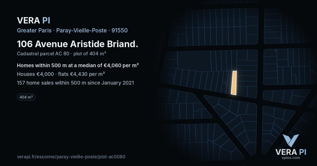 106 Avenue Aristide Briand, Paray-Vieille-Poste at night – the plot lit, the parcels around coloured by the prices near them