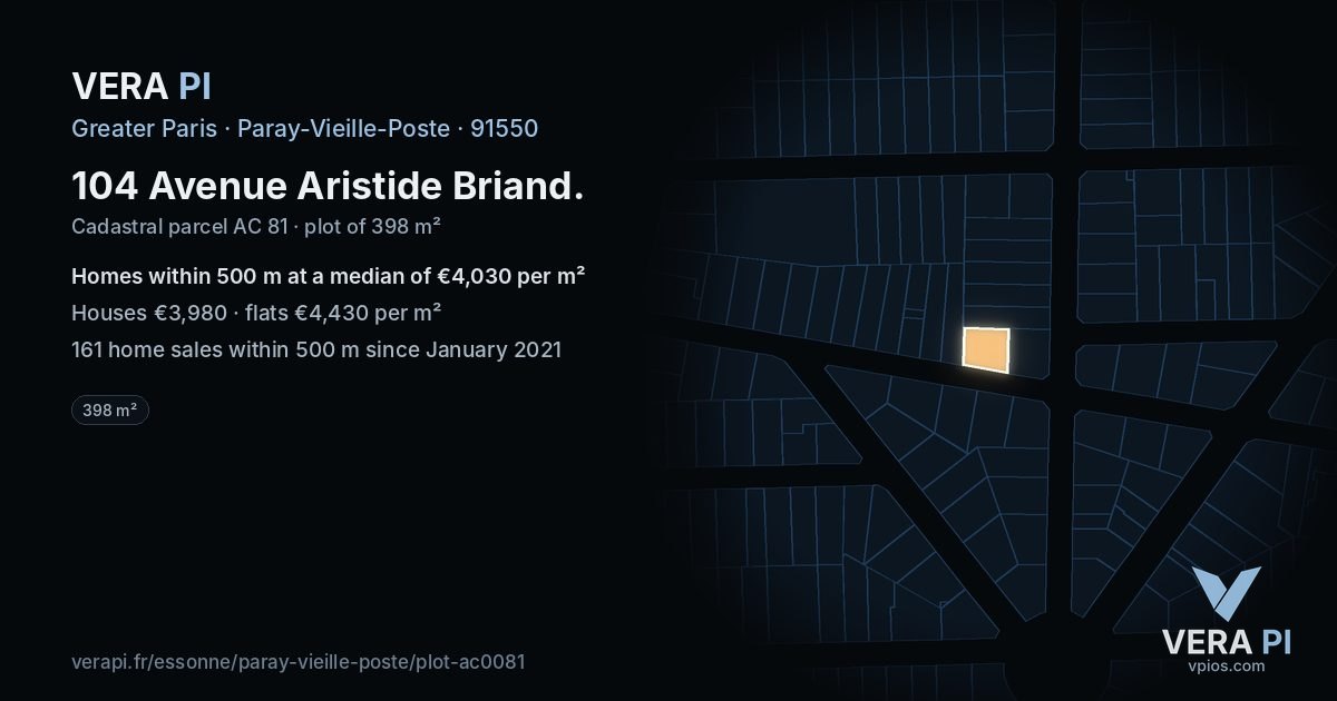104 Avenue Aristide Briand, Paray-Vieille-Poste at night – the plot lit, the parcels around coloured by the prices near them