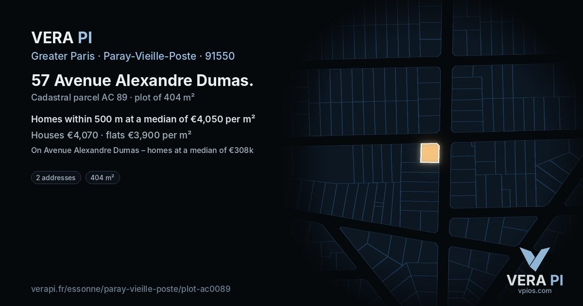 57 Avenue Alexandre Dumas, Paray-Vieille-Poste at night – the plot lit, the parcels around coloured by the prices near them