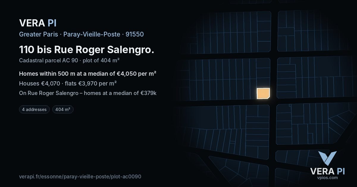 110 bis Rue Roger Salengro, Paray-Vieille-Poste at night – the plot lit, the parcels around coloured by the prices near them