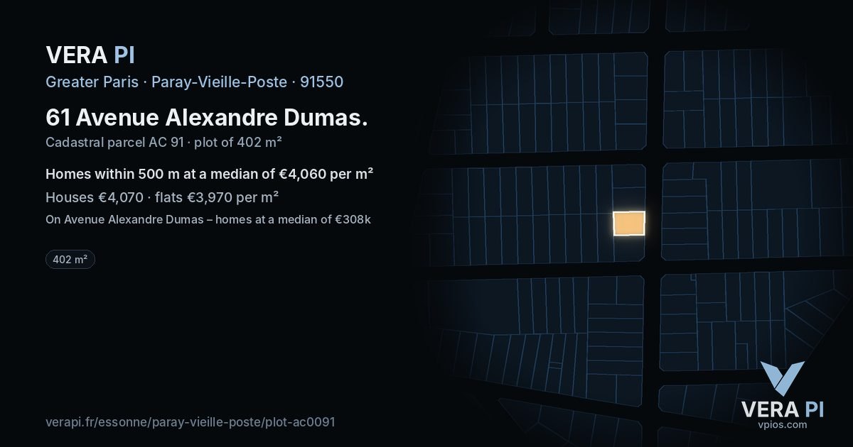 61 Avenue Alexandre Dumas, Paray-Vieille-Poste at night – the plot lit, the parcels around coloured by the prices near them