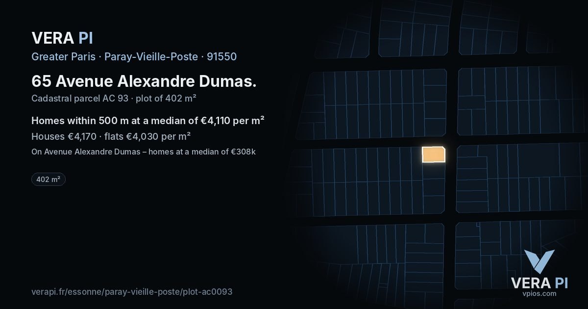 65 Avenue Alexandre Dumas, Paray-Vieille-Poste at night – the plot lit, the parcels around coloured by the prices near them