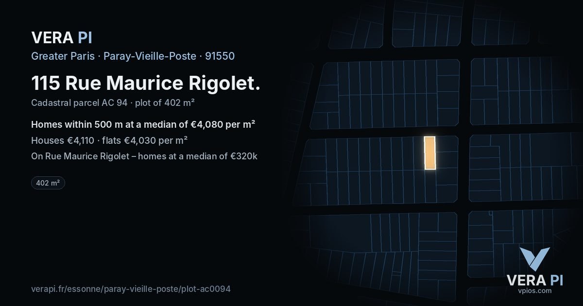 115 Rue Maurice Rigolet, Paray-Vieille-Poste at night – the plot lit, the parcels around coloured by the prices near them