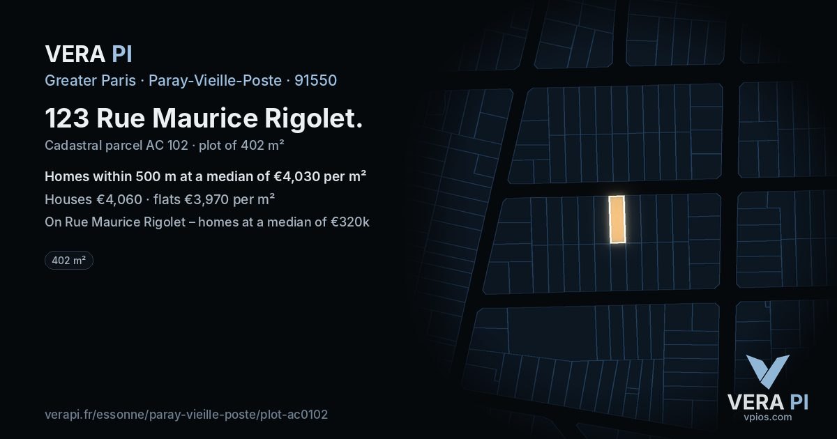 123 Rue Maurice Rigolet, Paray-Vieille-Poste at night – the plot lit, the parcels around coloured by the prices near them