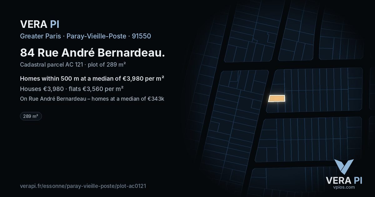 84 Rue André Bernardeau, Paray-Vieille-Poste at night – the plot lit, the parcels around coloured by the prices near them