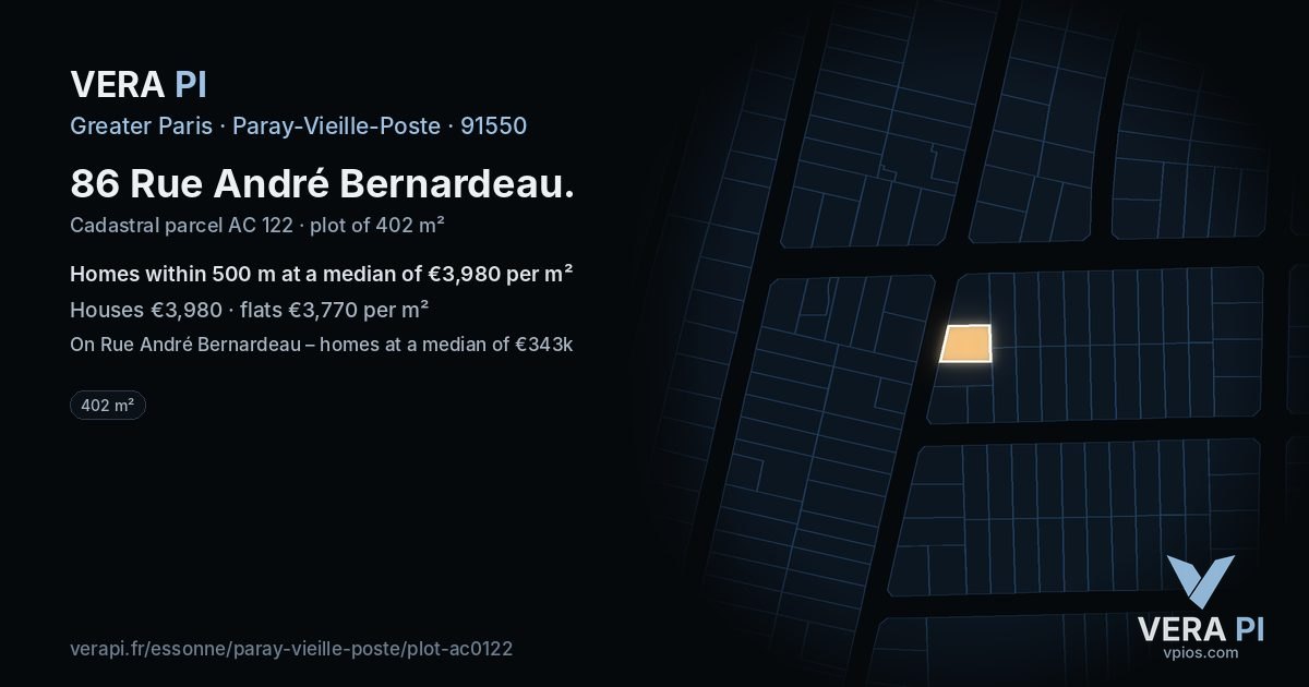 86 Rue André Bernardeau, Paray-Vieille-Poste at night – the plot lit, the parcels around coloured by the prices near them