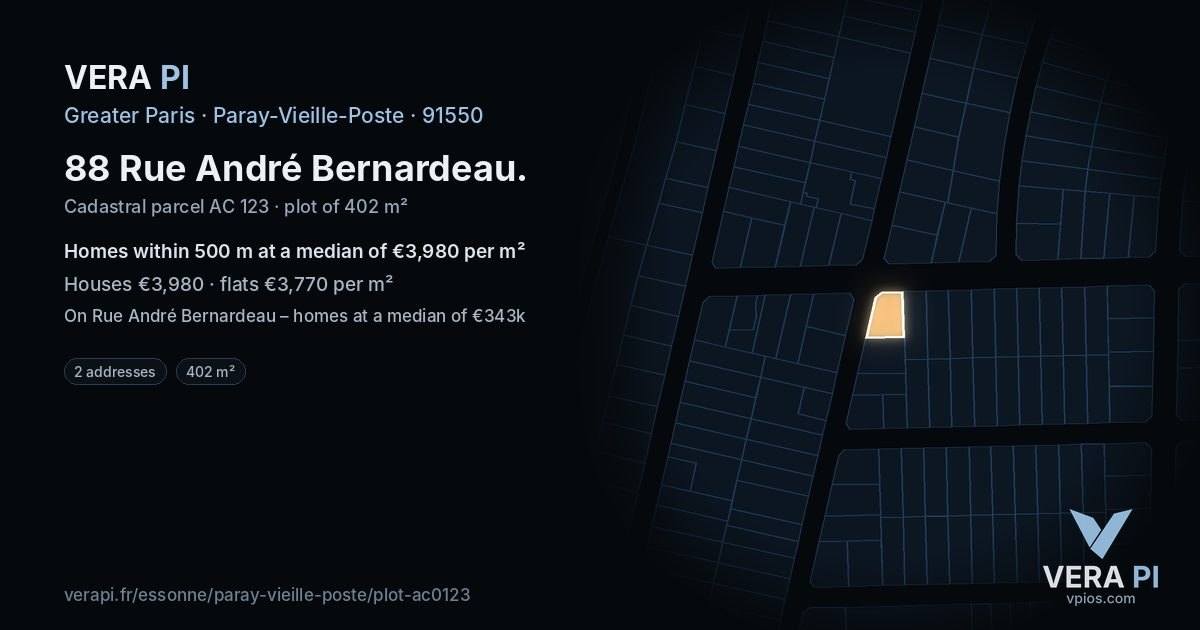 88 Rue André Bernardeau, Paray-Vieille-Poste at night – the plot lit, the parcels around coloured by the prices near them
