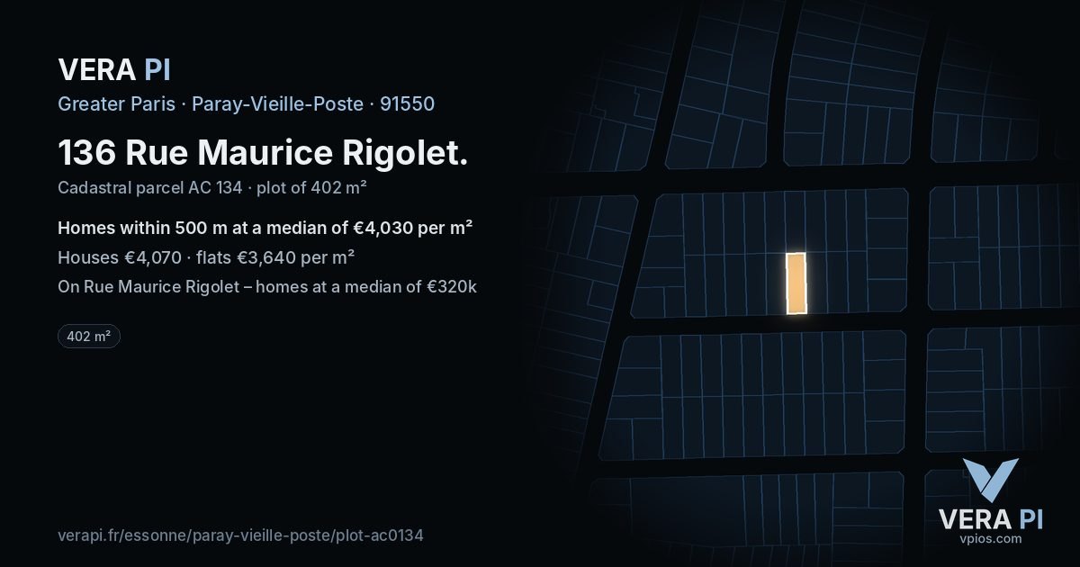 136 Rue Maurice Rigolet, Paray-Vieille-Poste at night – the plot lit, the parcels around coloured by the prices near them