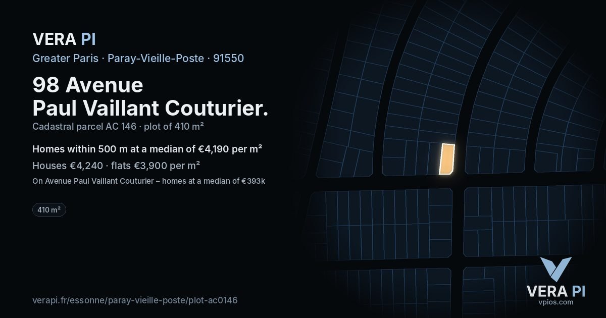 98 Avenue Paul Vaillant Couturier, Paray-Vieille-Poste at night – the plot lit, the parcels around coloured by the prices near them
