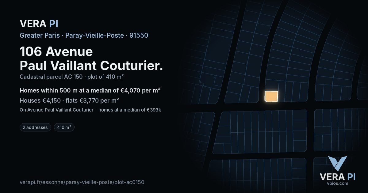 106 Avenue Paul Vaillant Couturier, Paray-Vieille-Poste at night – the plot lit, the parcels around coloured by the prices near them
