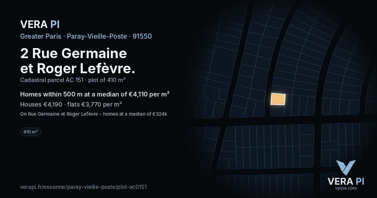 2 Rue Germaine et Roger Lefèvre, Paray-Vieille-Poste at night – the plot lit, the parcels around coloured by the prices near them