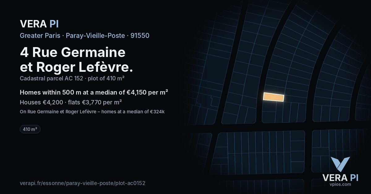 4 Rue Germaine et Roger Lefèvre, Paray-Vieille-Poste at night – the plot lit, the parcels around coloured by the prices near them
