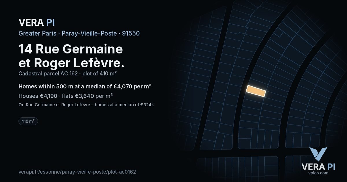 14 Rue Germaine et Roger Lefèvre, Paray-Vieille-Poste at night – the plot lit, the parcels around coloured by the prices near them