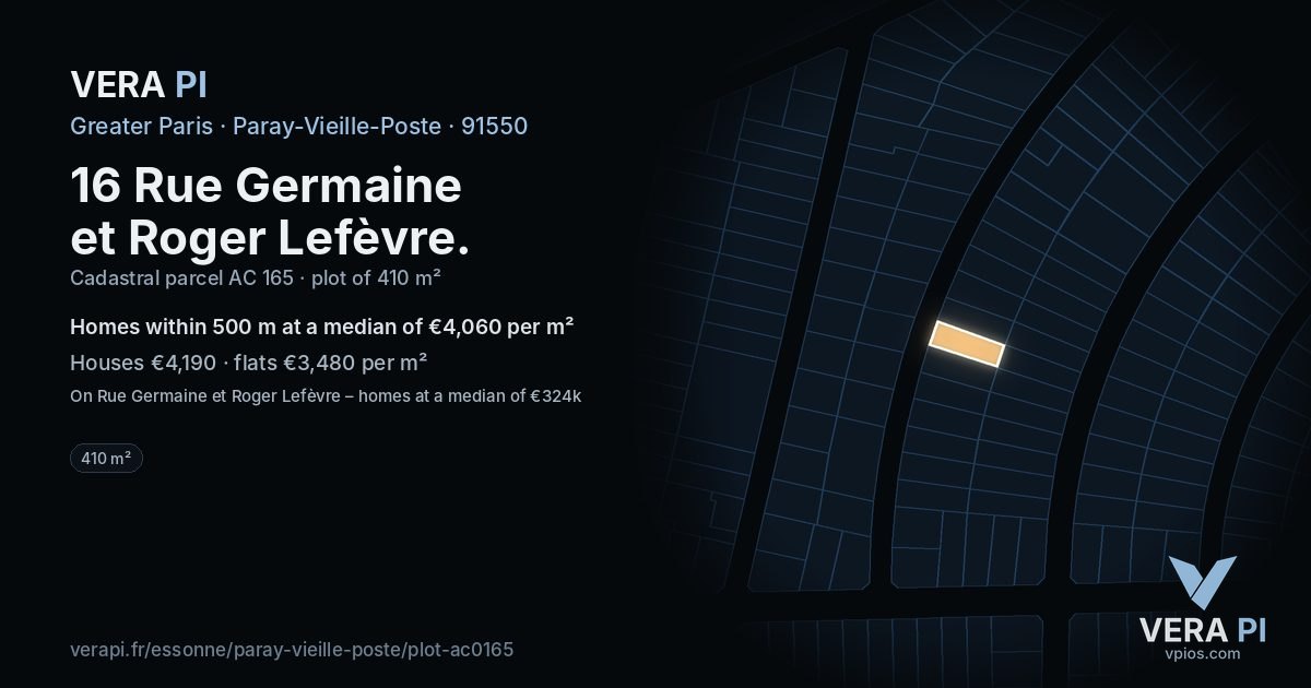 16 Rue Germaine et Roger Lefèvre, Paray-Vieille-Poste at night – the plot lit, the parcels around coloured by the prices near them