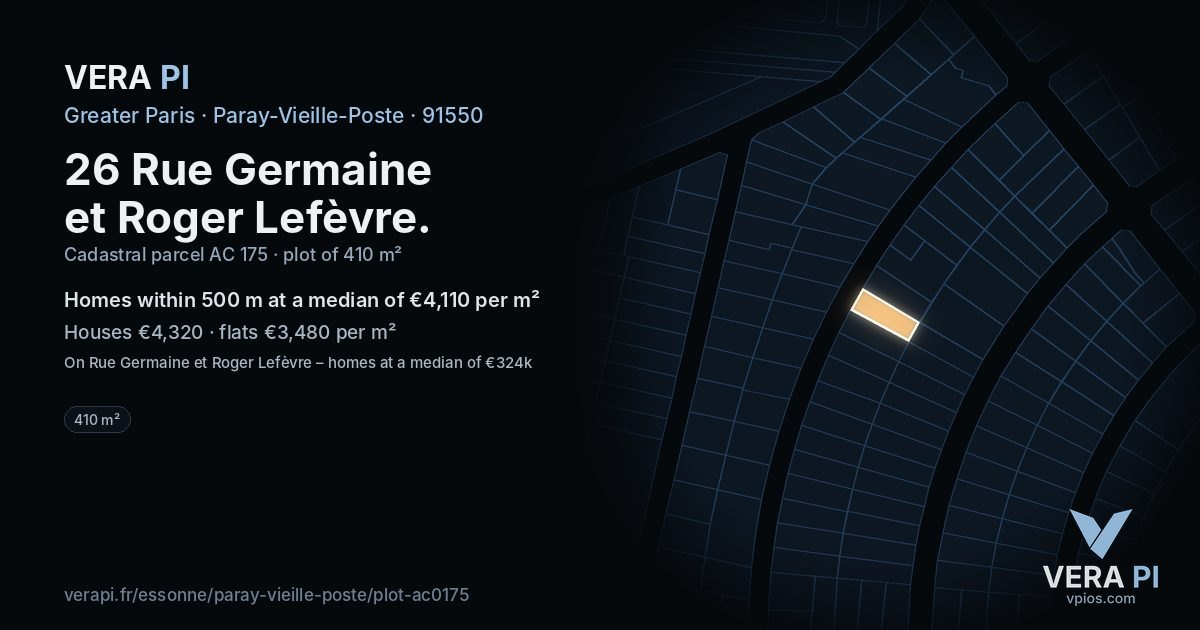 26 Rue Germaine et Roger Lefèvre, Paray-Vieille-Poste at night – the plot lit, the parcels around coloured by the prices near them
