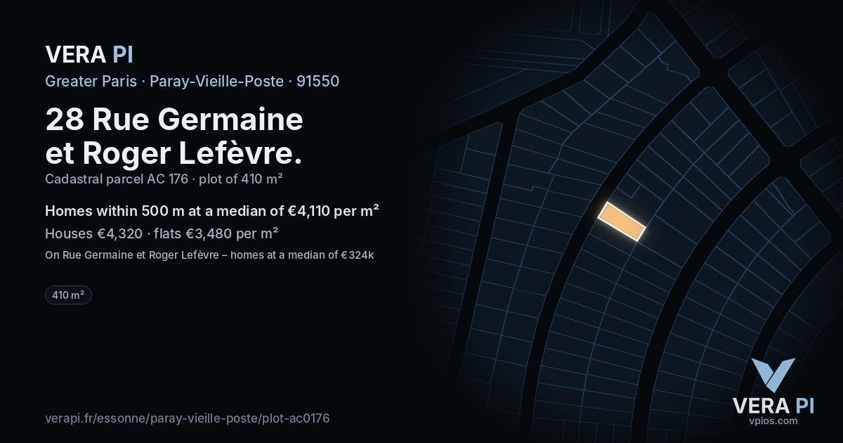 28 Rue Germaine et Roger Lefèvre, Paray-Vieille-Poste at night – the plot lit, the parcels around coloured by the prices near them