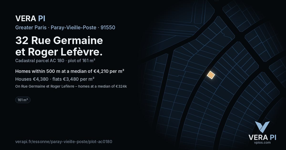 32 Rue Germaine et Roger Lefèvre, Paray-Vieille-Poste at night – the plot lit, the parcels around coloured by the prices near them