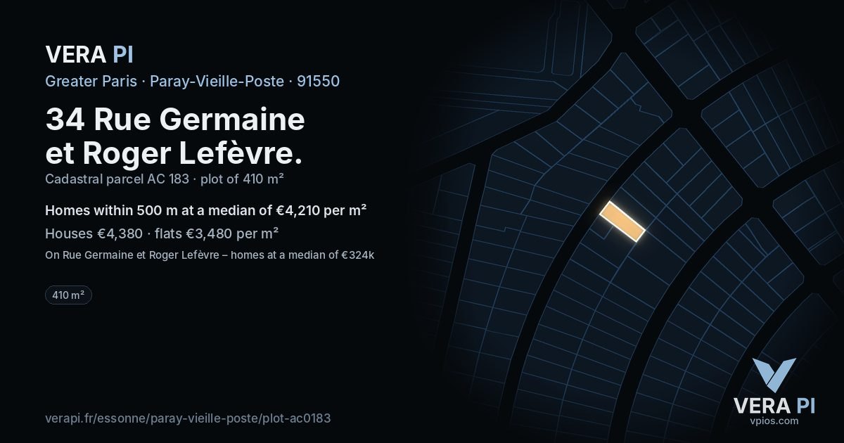 34 Rue Germaine et Roger Lefèvre, Paray-Vieille-Poste at night – the plot lit, the parcels around coloured by the prices near them