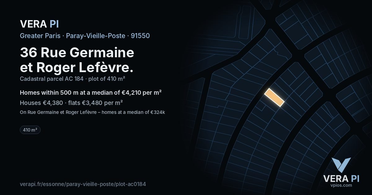 36 Rue Germaine et Roger Lefèvre, Paray-Vieille-Poste at night – the plot lit, the parcels around coloured by the prices near them