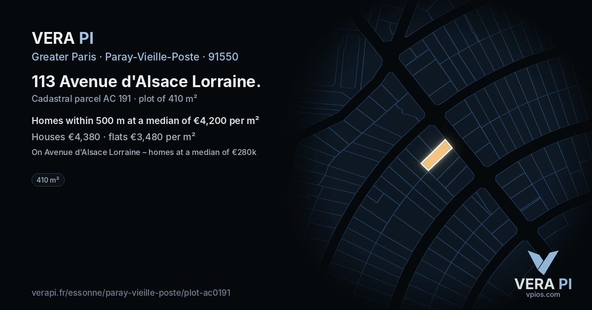 113 Avenue d'Alsace Lorraine, Paray-Vieille-Poste at night – the plot lit, the parcels around coloured by the prices near them