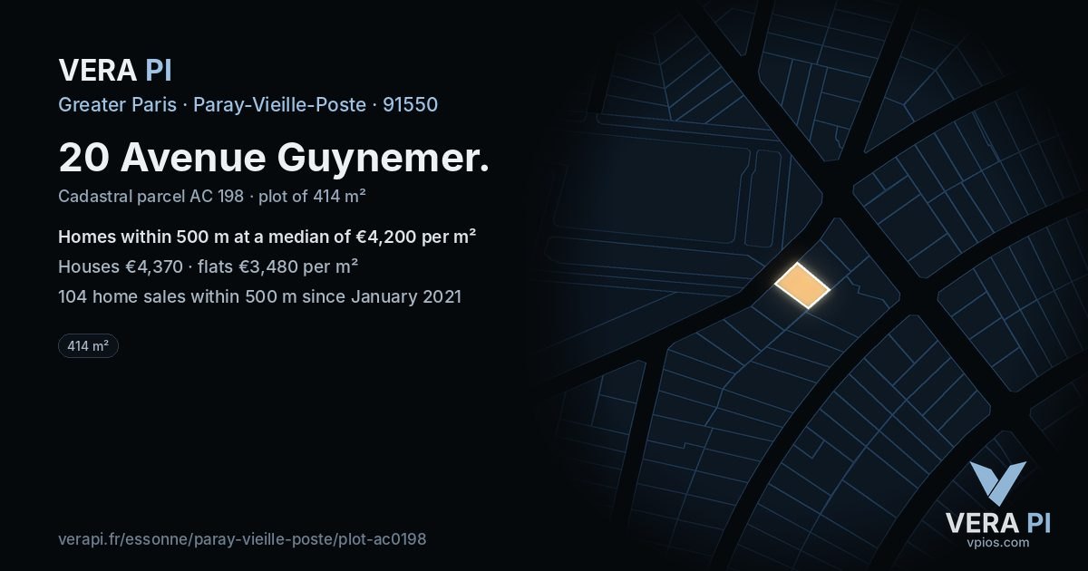 20 Avenue Guynemer, Paray-Vieille-Poste at night – the plot lit, the parcels around coloured by the prices near them