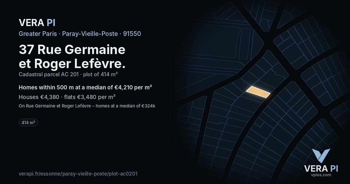 37 Rue Germaine et Roger Lefèvre, Paray-Vieille-Poste at night – the plot lit, the parcels around coloured by the prices near them