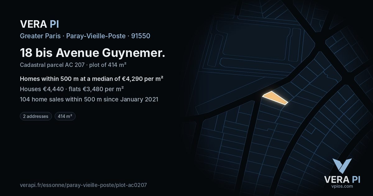 18 bis Avenue Guynemer, Paray-Vieille-Poste at night – the plot lit, the parcels around coloured by the prices near them